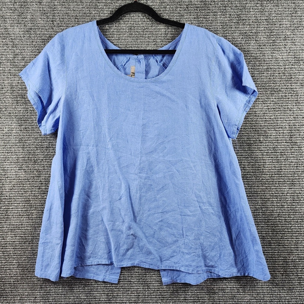 FLAX Blouse Womens Small Blue Linen Button Back Short Sleeve Tunic Top Lagenlook